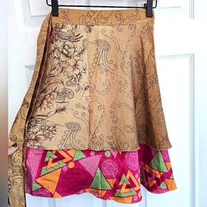 Sari Wrap Silk Skirt, Mini Regular 4-12, Pink, Green & Brown